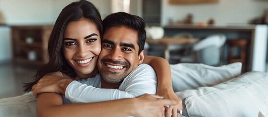 Happy couple mid adult indian man hug her latin woman at living room. AI generated image - obrazy, fototapety, plakaty