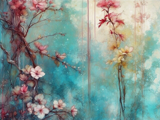  detailed light pink flowers with watercolor rainbow color splashes dreamy background 