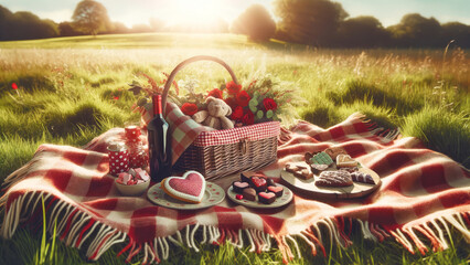  A Valentine's Day Picnic Scene. Romantic Sunset Picnic cozy setup with a red and white checkered blanket