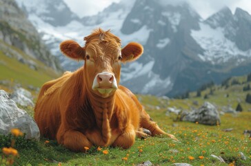 A majestic bovine peacefully grazes in the lush green fields, surrounded by towering mountains, showcasing the harmonious coexistence of nature and agriculture