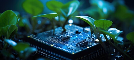 Illustration modern green plant growing on a computer circuit board. AI generated image