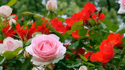 Roses red and white a flower bed on a sunny summer day.