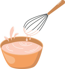 Vector illustration of bowl with whisk, kitchen utensil, Cartoon flat illustration of mixing or whipping dough, cream