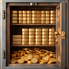 Close-up of gold bars and coins in a safe, representing precious metal investments isolated on white background, hyperrealism, png
