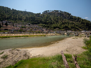 Fototapeta na wymiar Berat Albania historical centre from the River Osum