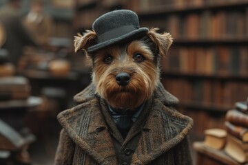 A stylish brown dog of a particular breed stands proudly outdoors, wearing a hat and coat that match the elegant building behind it, while inside a shelf awaits its return