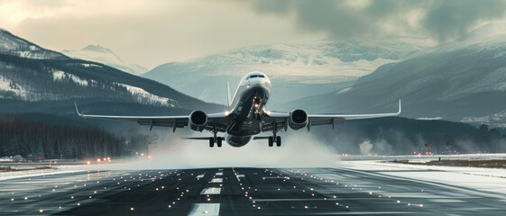 Airplane taking off from a snowy runway, with dynamic motion and a backdrop of majestic mountains - obrazy, fototapety, plakaty