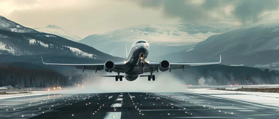 Poster Airplane taking off from a snowy runway, with dynamic motion and a backdrop of majestic mountains © Ai Studio