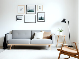 Bilderrahmen über einem Sofa an einer weißen Wand