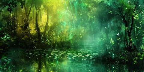 Obraz na płótnie Canvas Emerald Enchantment in the Enchanted Forest: An Enchanting Fusion of Emerald Green in a Mystical Forest Setting