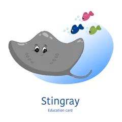 Outdoor kussens Stingray with fish in cartoon style. Hand drawn cute education card with an inscription. © Koo Mari
