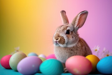 Fototapeta na wymiar An adorable rabbit surrounded by a variety of Easter eggs in vivid colors, presented on a cheerful, solid color background