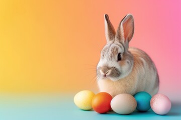 Fototapeta na wymiar An adorable rabbit surrounded by a variety of Easter eggs in vivid colors, presented on a cheerful, solid color background