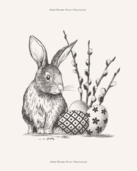 Cute rabbit sits with Easter eggs and willow branches. Funny bunny and painted eggs in engraving style. Vector illustration for spring holiday. - 723190998