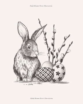 Cute rabbit sits with Easter eggs and willow branches. Funny bunny and painted eggs in engraving style. Vector illustration for spring holiday.