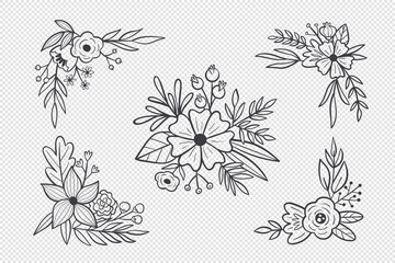Cute floral decorative cliparts. Hand drawn botanical vector illustration. For greeting cards, wedding invitations, label design... Black and white corners and bouquets.