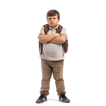 Overweight child being bullied in school isolated on white background, space for captions, png
