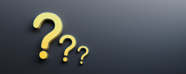 Yellow question marks on black background with empty copy space on right side, FAQ Concept. 3D Rendering