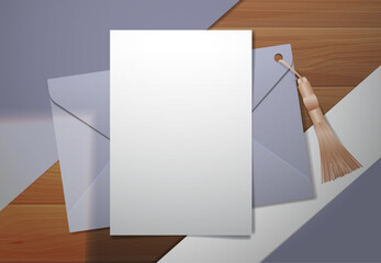 Gray envelope and white paper on the table top view. Realistic vector illustration