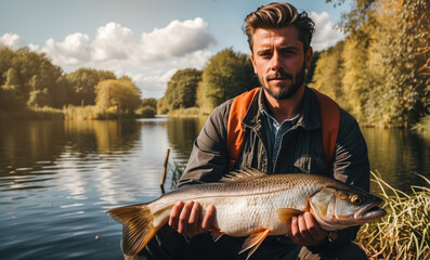 Obraz premium portrait of a man. fisherman on the lake in the morning with fish in his hands