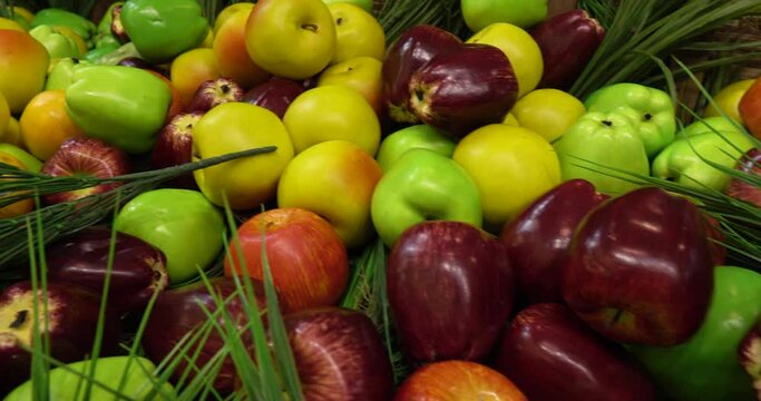 Apples and pears. A vivid close-up of colorful fruits. Ideal for the concept of a healthy lifestyle.