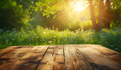 a wooden wooden table with green grass in natural lan - obrazy, fototapety, plakaty