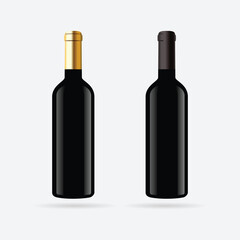 Red wine bottle black glass mockup, isolated vector illustration to put label. Dark green vineyard bottle for brand presentation. Unlabeled elegant vintage drink, luxury unopened alcohol