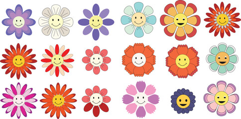 Groovy flower cartoon characters set with eyes and smile. retro trippy style vector illustration collection.
