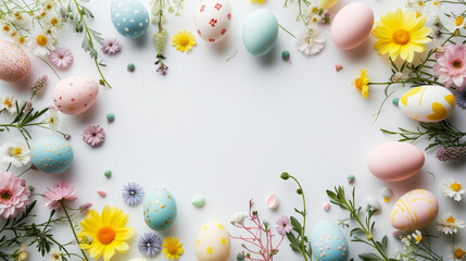 Fototapeta na wymiar Easter background with copy space in the middle, border frame of easterr eggs and flowers