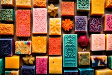 Vibrant, home-made soap bars arranged in an aesthetically pleasing pattern, showcasing intricate designs and colors, capturing the essence of craftsmanship and organic ingredients - obrazy, fototapety, plakaty