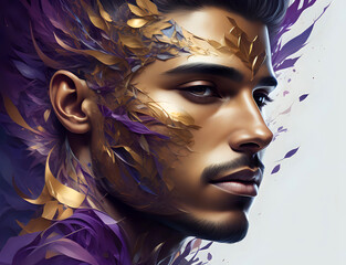 goldenes Gesicht eines Mannes mit lila goldener Maske