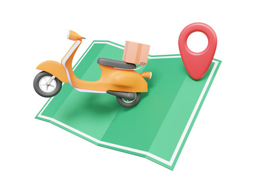 Motorcycle scooter express shipping navigation pin pointer map location GPS online delivery parcels box concept. on isolated background. minimal cartoon style. 3d rendering