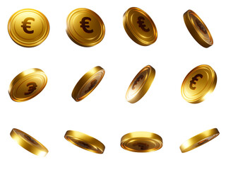 Gold Euro Coins set PNG. Transparent background	
