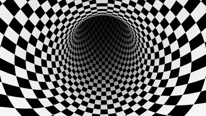 3d abstract checkered hole black and white background. Hypnosis illusion retro videogame synthwave waprowave 4k