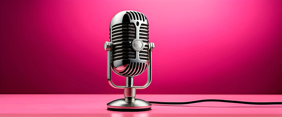 Fototapeta na wymiar A vintage microphone isolated on pink background. Deisgn for mockup. Copy space. Banner format.