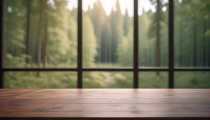 Empty wooden table with green trees background