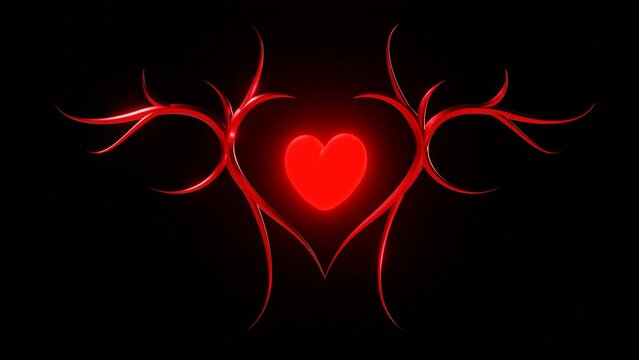 3d abstract gothic grunge red heart in space isolated black background. Metal chrome love glow shine texture. Y2K retro valentines day shape. Rotate animation looped seamless 30fps 4k