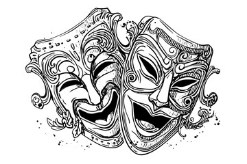 Black carnival mask sketch in vintage style. Vector Hand drawn engraved icon illustration - obrazy, fototapety, plakaty