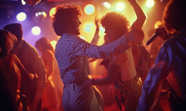 People dancing and enjoying music on 70s disco party.