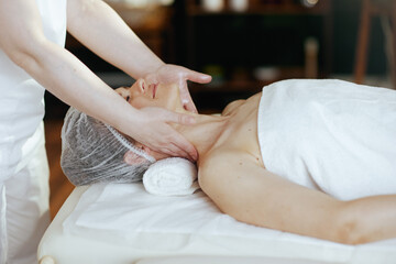 Obraz na płótnie Canvas massage therapist in massage cabinet massaging clients neck