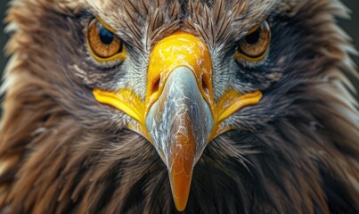 A macro portrait of amazing eagle, capturing the intricate patterns of its feathers and the striking details of its eyes and beak.