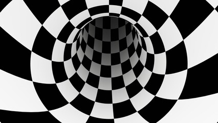 3d abstract black and white tiles checkered texture tunnel background. Retro sci-fi 80s 90s vintage style.