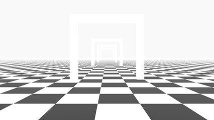  3d abstract Checkered board architecture Checkerboard background with white shine glow arc door frame. Black and white tiles.