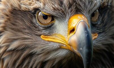 A macro portrait of amazing eagle, capturing the intricate patterns of its feathers and the striking details of its eyes and beak.