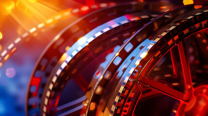 Film reels with colorful cinematic light flares.