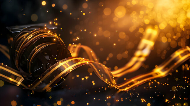 Golden film reels with sparkling light effects.