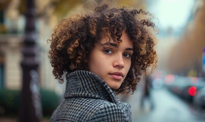 A portrait of a beautiful young woman with curly hair, wearing a coat.