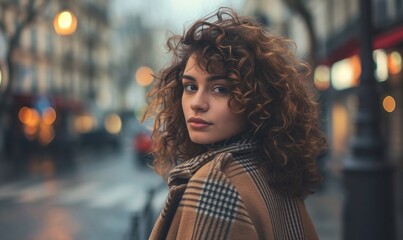 A portrait of a beautiful young woman with curly hair, wearing a coat