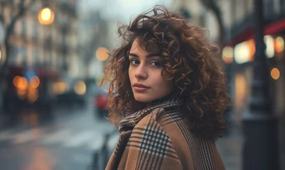 Fotobehang A portrait of a beautiful young woman with curly hair, wearing a coat © Daniela