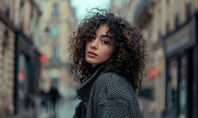 Fototapeta premium A portrait of a beautiful young woman with curly hair, wearing a coat